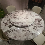Purple-Veined White Marble Round Dining Table with Sculptural Rose Gold Base